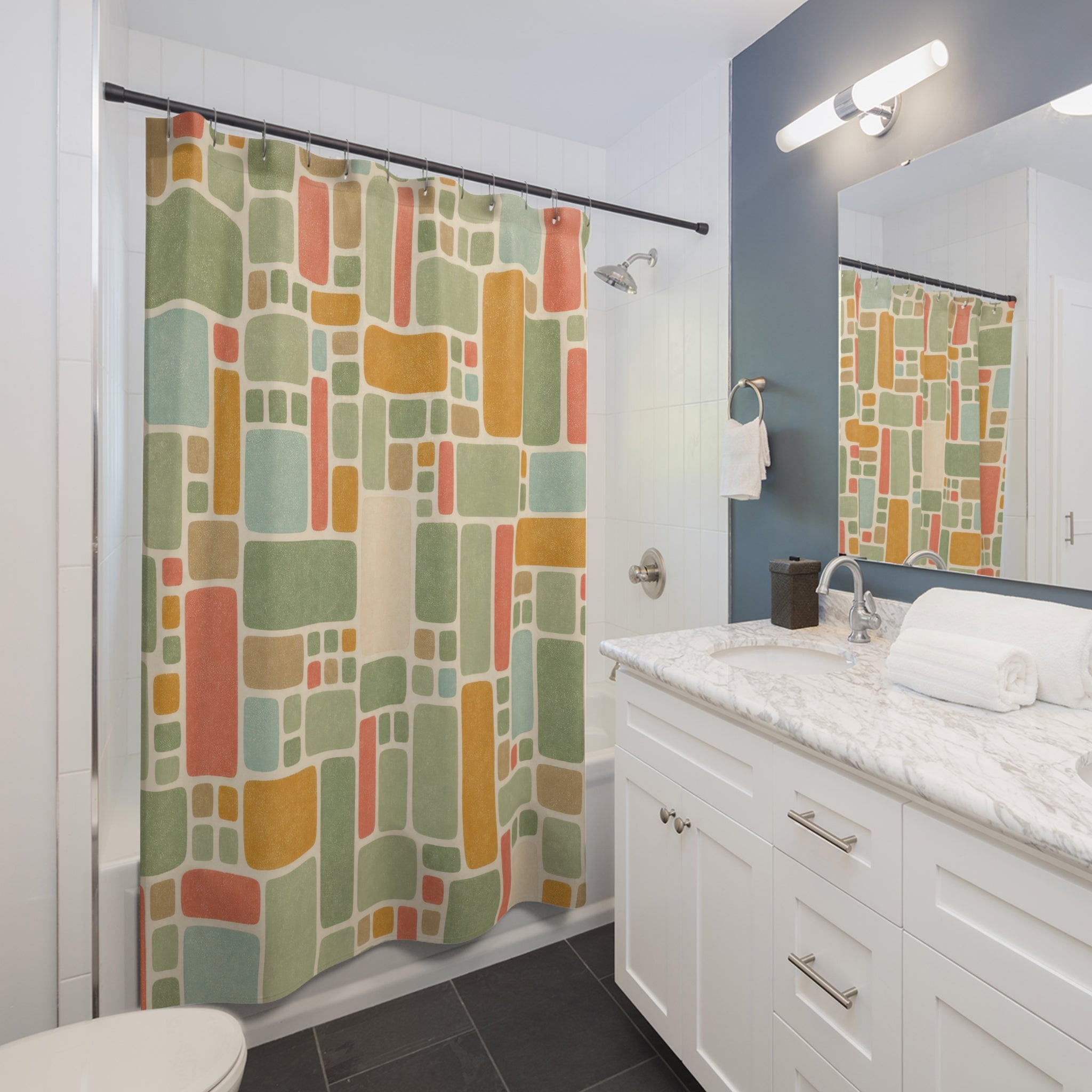 Retro Shower Curtain, Sage Coral Mosaic Tile Pattern, Mid Century Geometric Bathroom Decor, Guest Bath Wall Gift Idea For Home Style