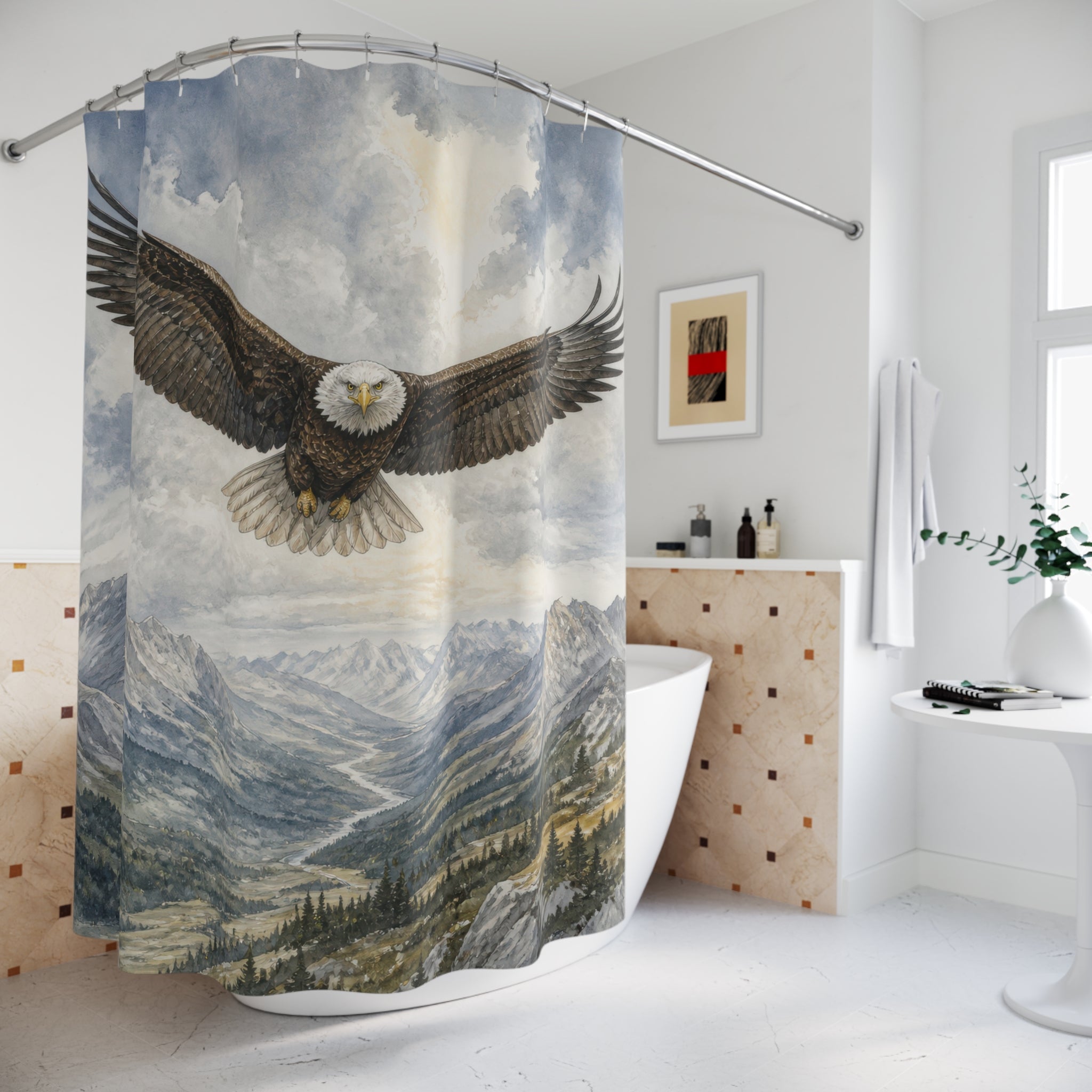 Bald eagle approaching over an alpine valley shower curtain beside a freestanding tub