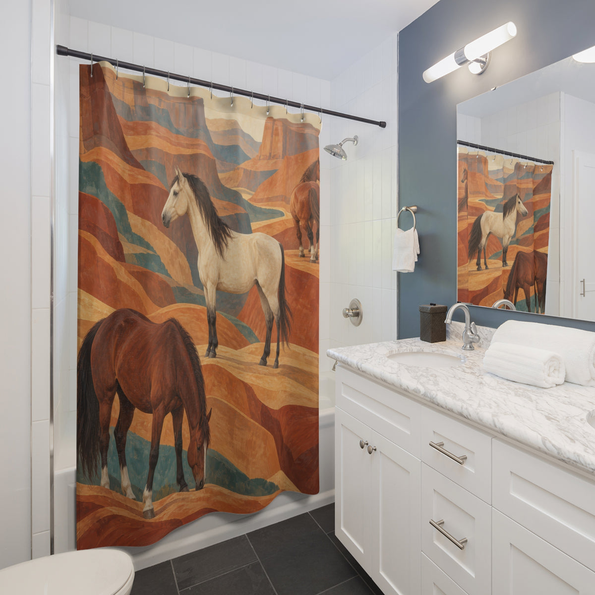 Cream and chestnut horses among terracotta canyon ledges shower curtain beside a white vanity