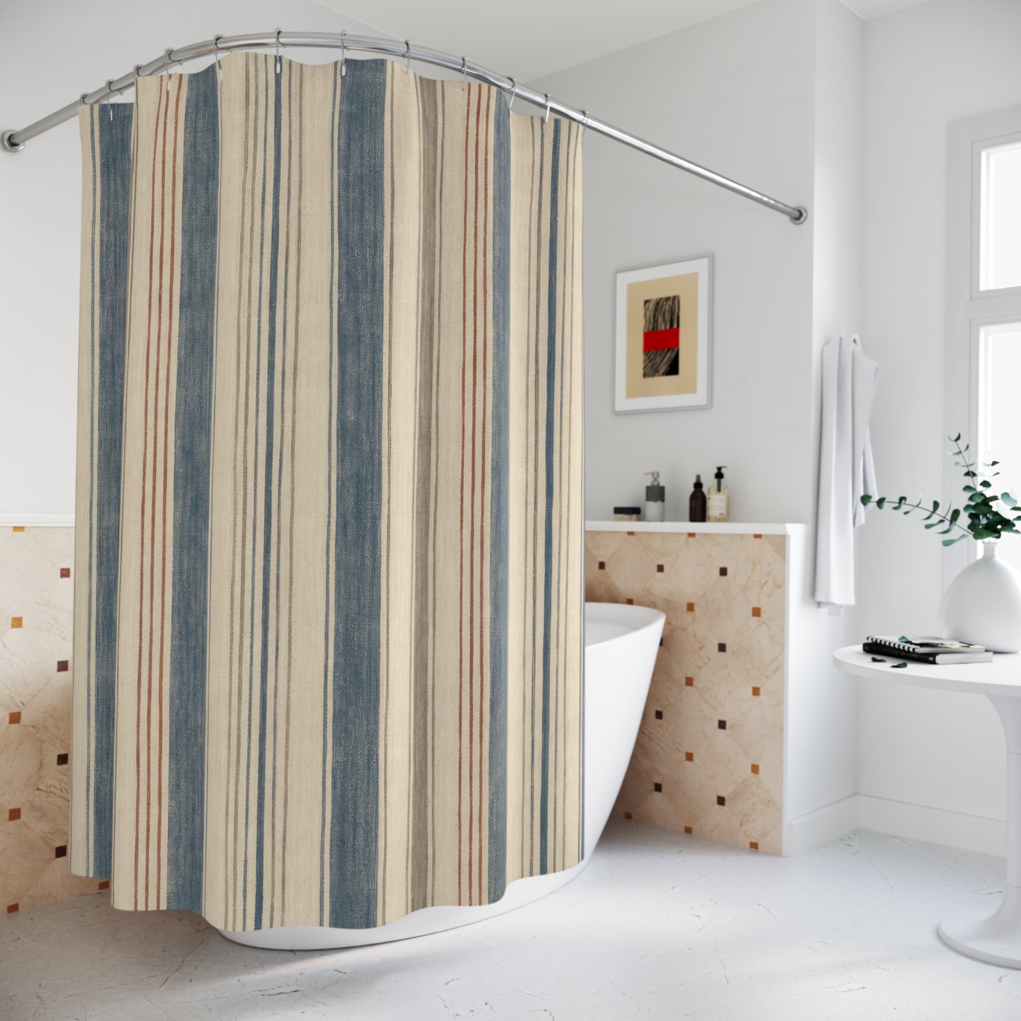 Faded Blue Tan Stripe Shower Curtain