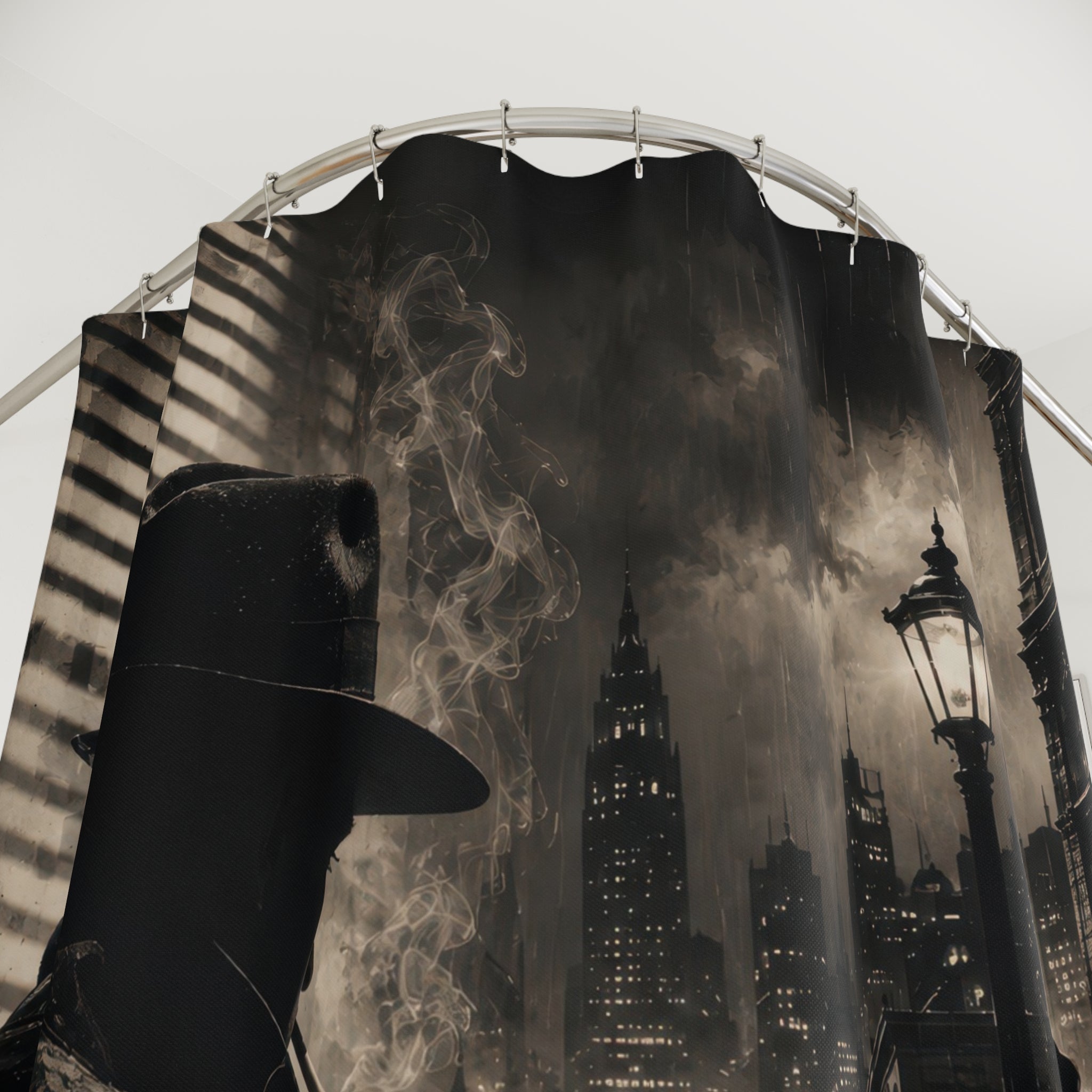 Noir Shower Curtain: Black Vintage City Rain