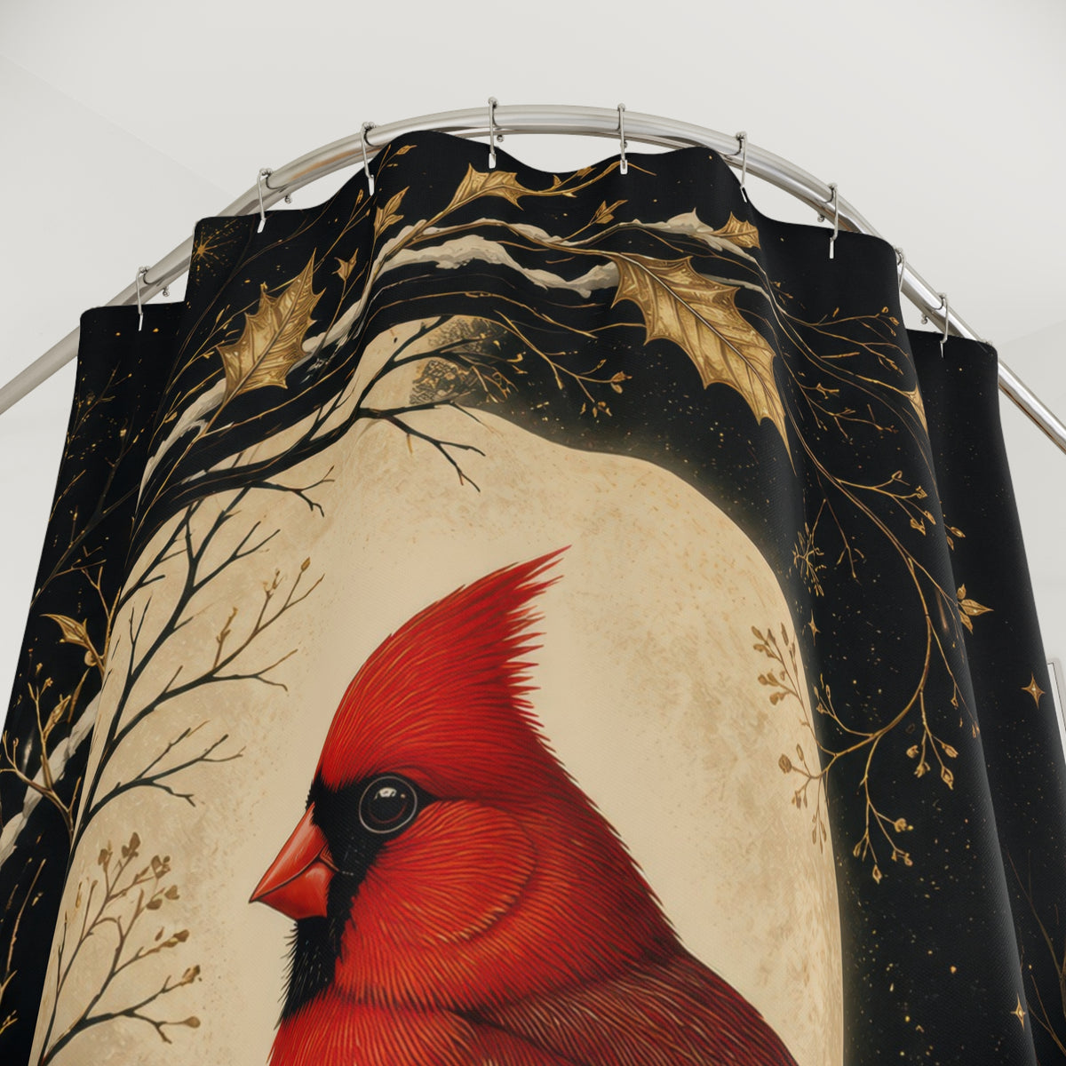 Red cardinal in black and gold moon arch shower curtain with close-up print, hooks, and folds
