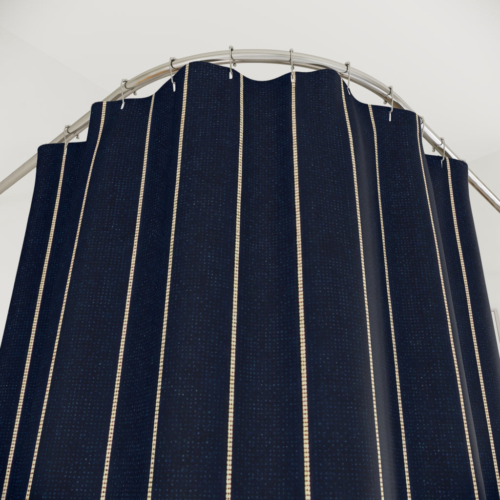 Dark Navy Blue Tan Pinstripe Shower Curtain
