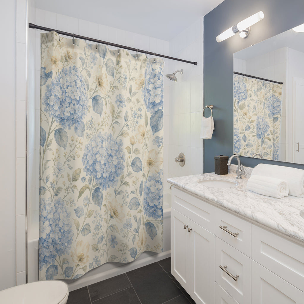 Hydrangea Blue Floral Botanical Cottage Cottagecore Beige Shower Curtain