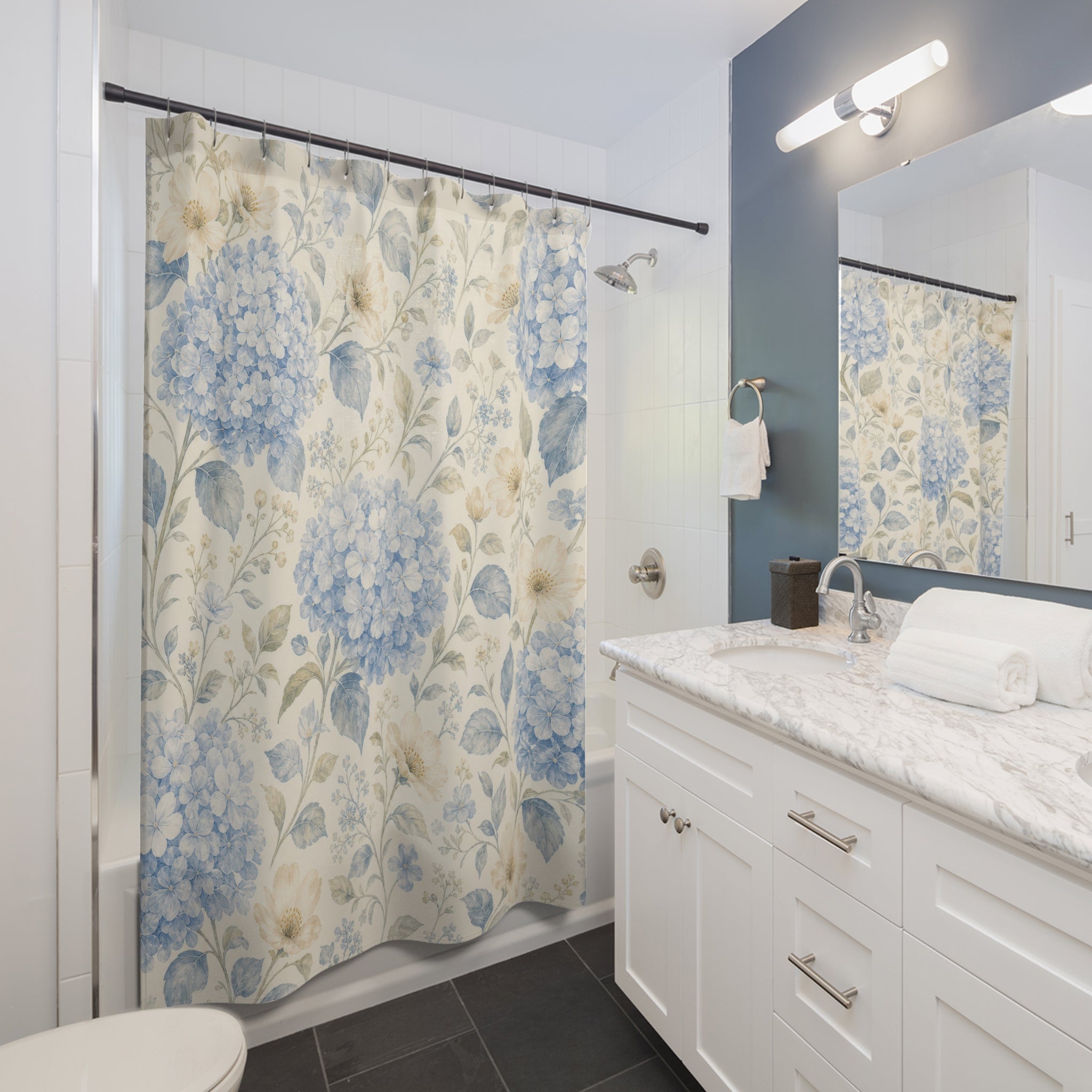Hydrangea Blue Floral Botanical Cottage Cottagecore Beige Shower Curtain