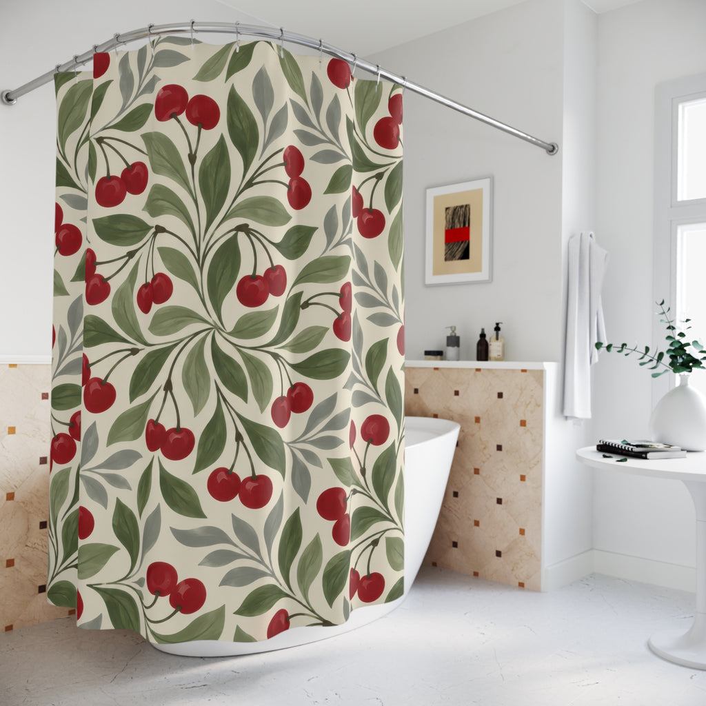 Red cherry pinwheels with sage and grey leaves on cream shower curtain beside a freestanding tub
