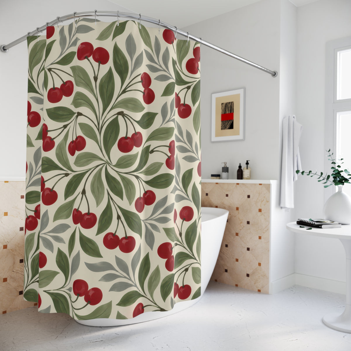 Red cherry pinwheels with sage and grey leaves on cream shower curtain beside a freestanding tub