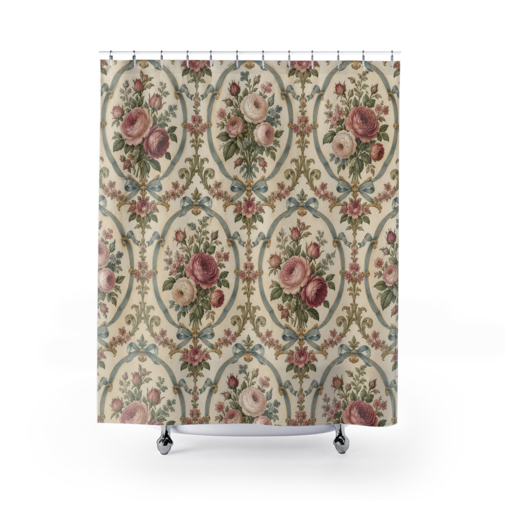 Pink roses in blue ribbon cartouches on warm cream shower curtain with full front view