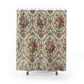 Pink roses in blue ribbon cartouches on warm cream shower curtain with full front view