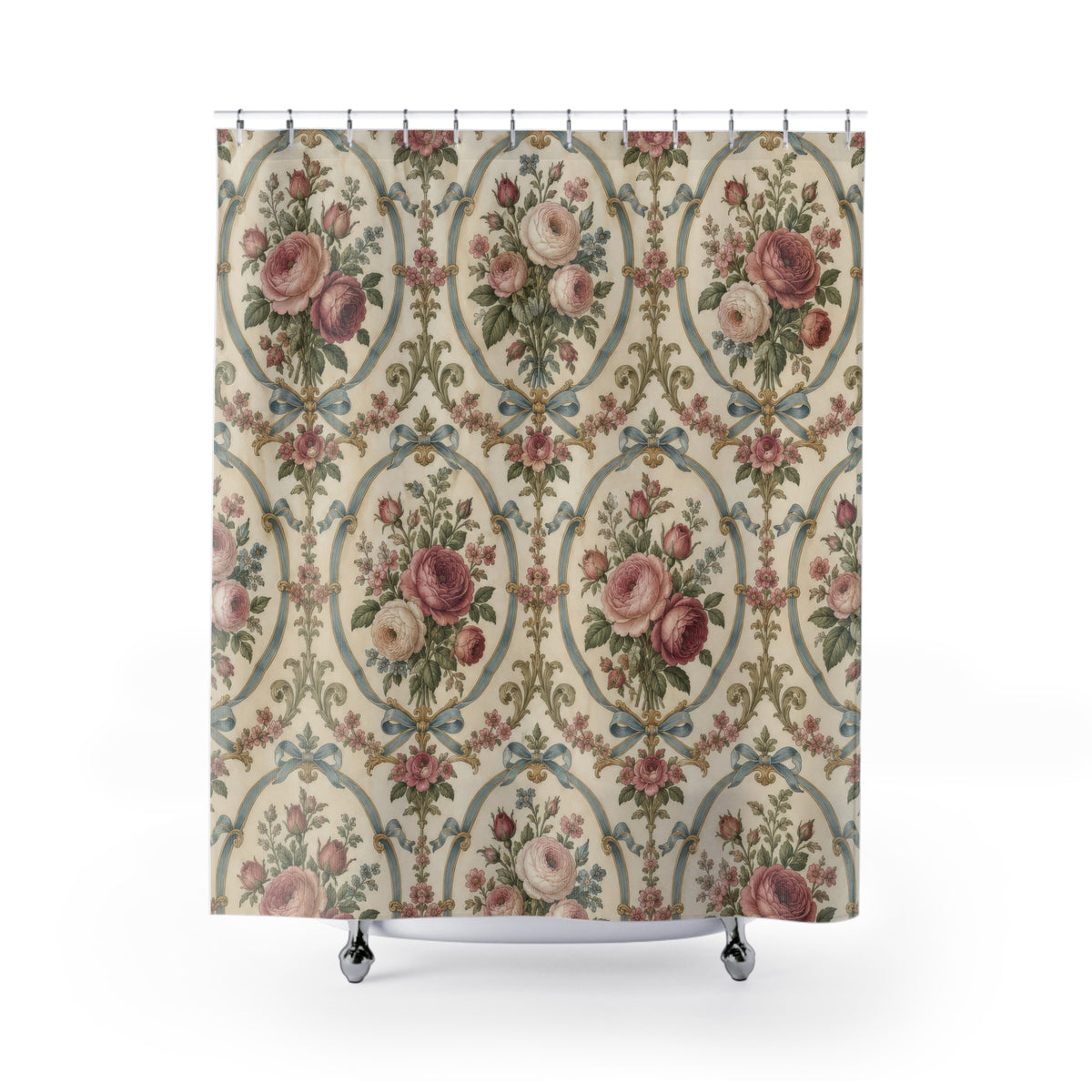 Pink roses in blue ribbon cartouches on warm cream shower curtain with full front view