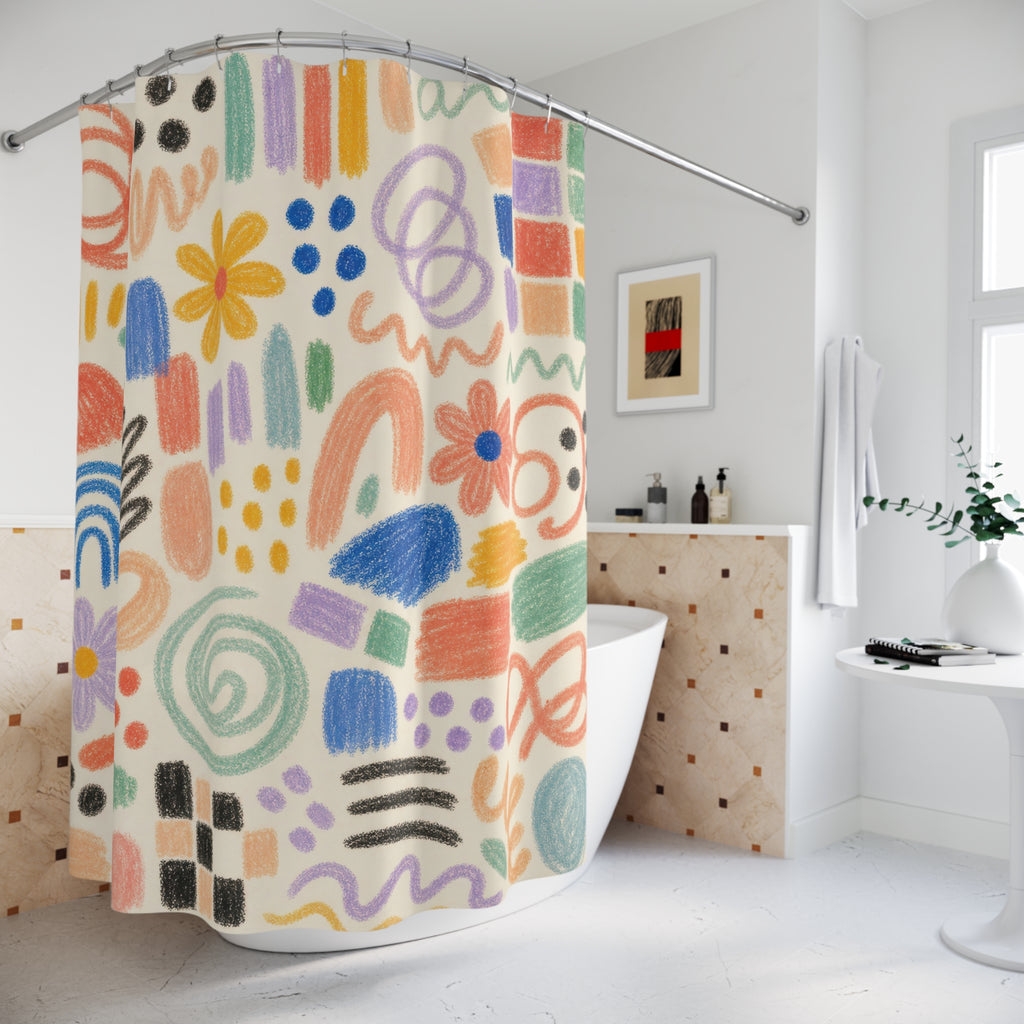 Kids Doodle Shower Curtain, Crayon Rainbow Scribble Pattern, Colorful Playroom Bathroom Decor, Kids Creative Art Room Wall Guest Bath Gift