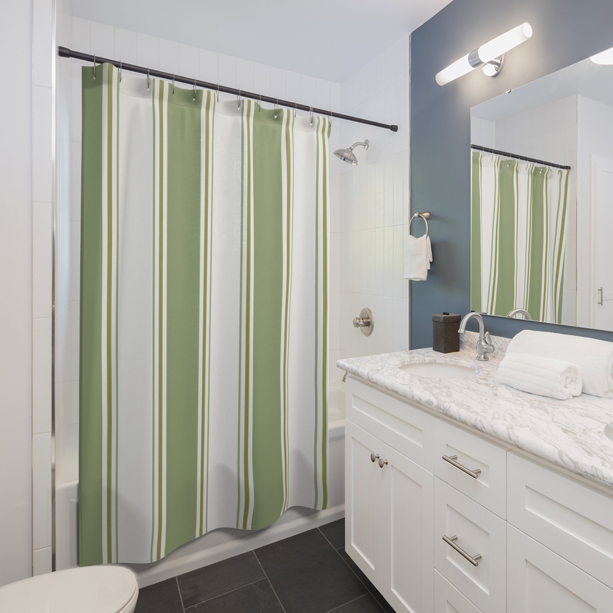 Sage Green White Panel Stripe Shower Curtain