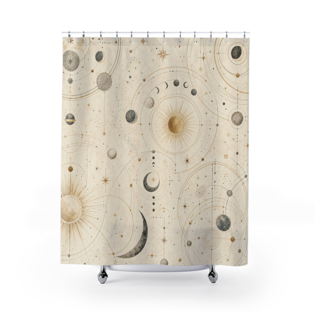 Astrology Shower Curtain, Cream Celestial Sun Moon Chart Pattern, Boho Bathroom Decor, Mystical Guest Bath Neutral Star Style