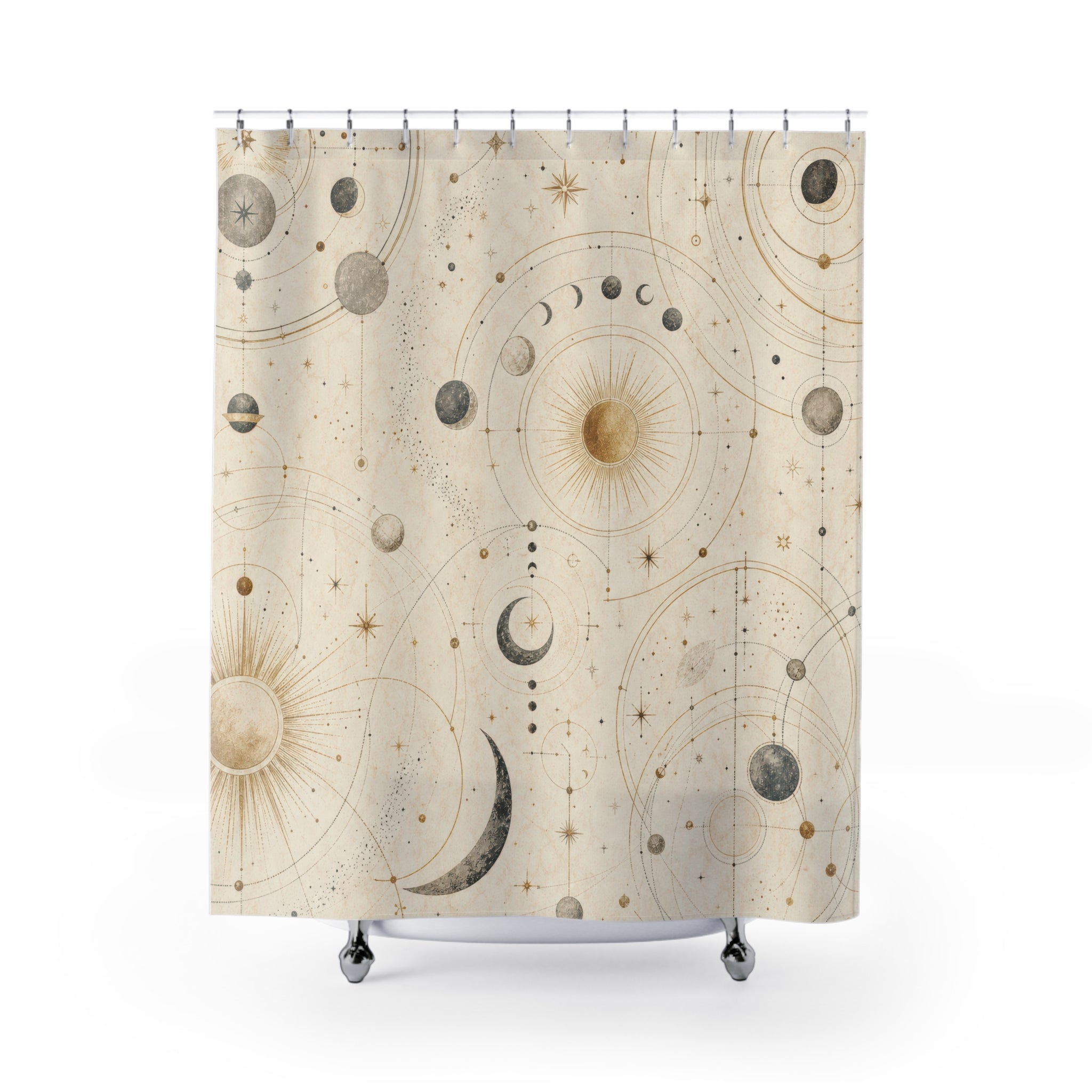 Astrology Shower Curtain, Cream Celestial Sun Moon Chart Pattern, Boho Bathroom Decor, Mystical Guest Bath Neutral Star Style