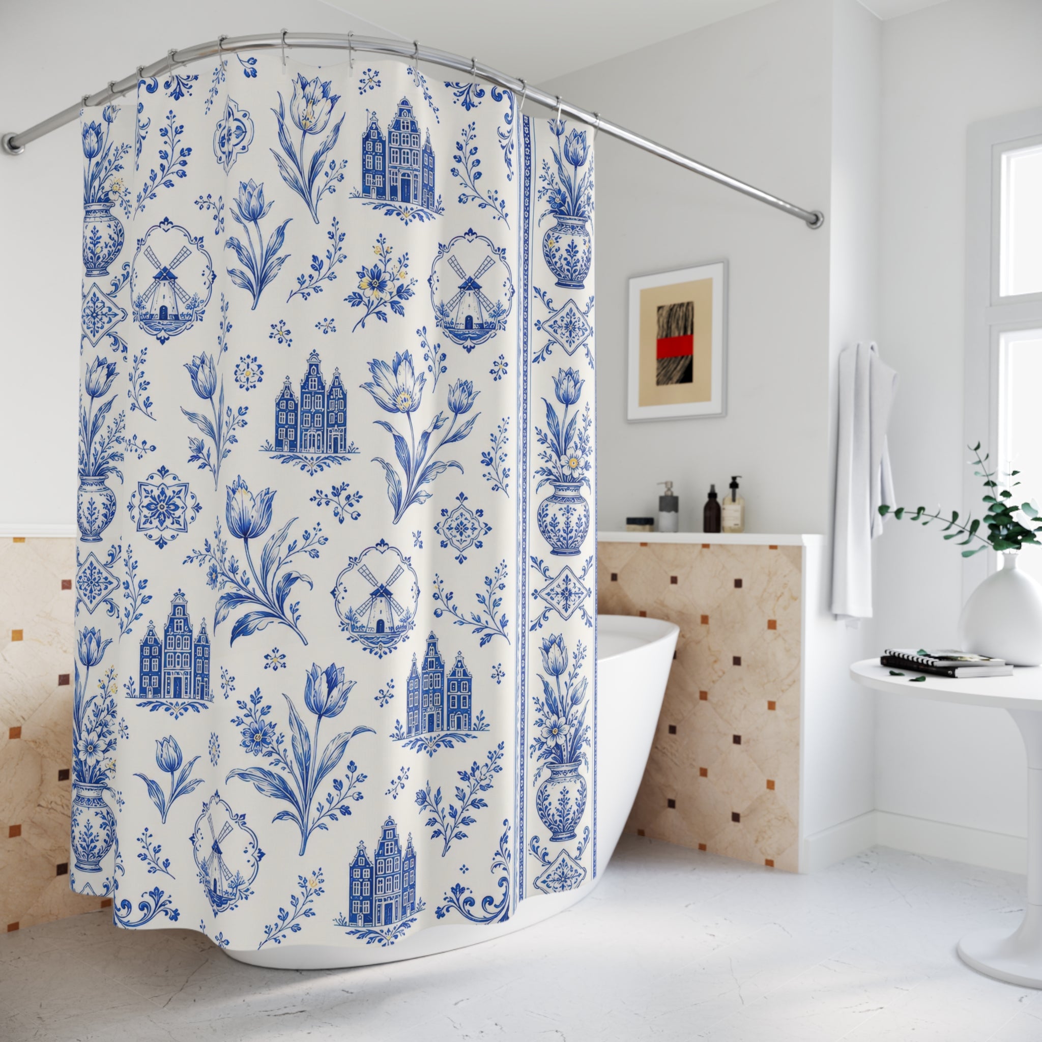 Blue and White Floral Shower Curtain
