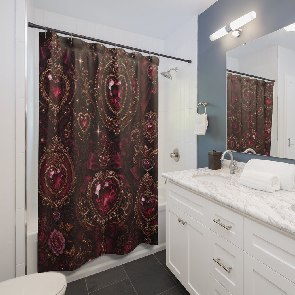 Burgundy gemstone hearts in an ornate gold medallion lattice shower curtain beside a white vanity
