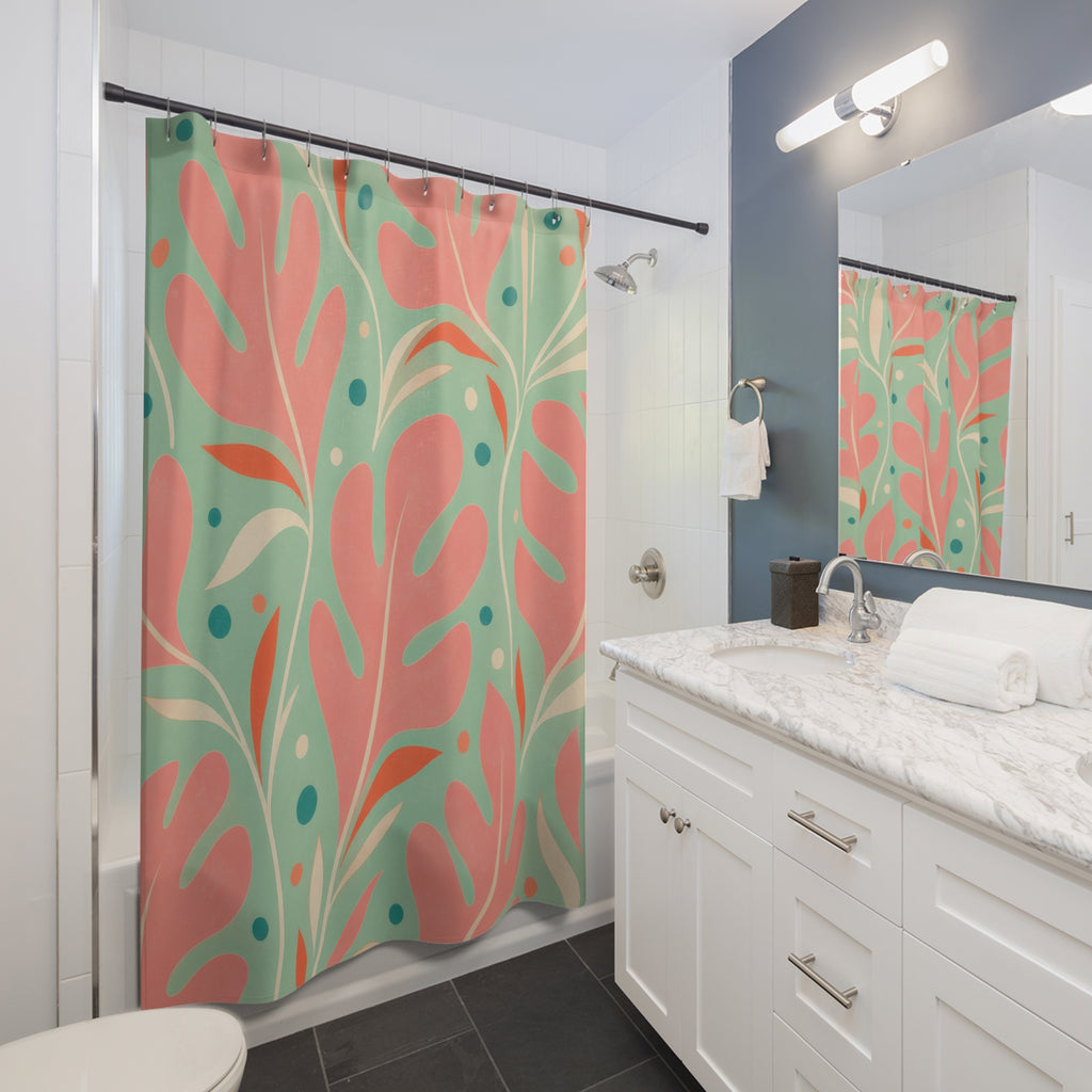 Retro Shower Curtain, Coral Mint Leaf Pattern, Tropical Botanical Bathroom Decor, Fresh Guest Bath Wall Gift For Home Spa Refresh Style