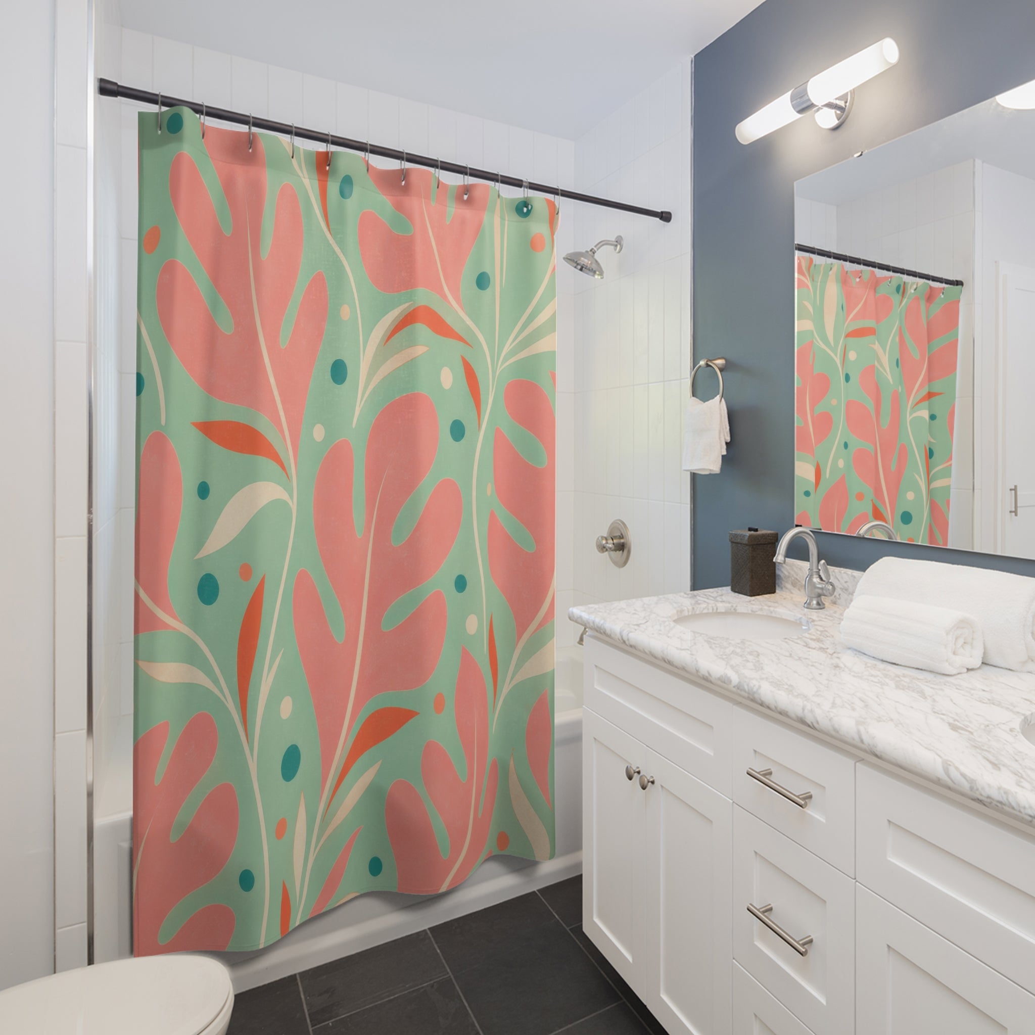 Retro Shower Curtain, Coral Mint Leaf Pattern, Tropical Botanical Bathroom Decor, Fresh Guest Bath Wall Gift For Home Spa Refresh Style