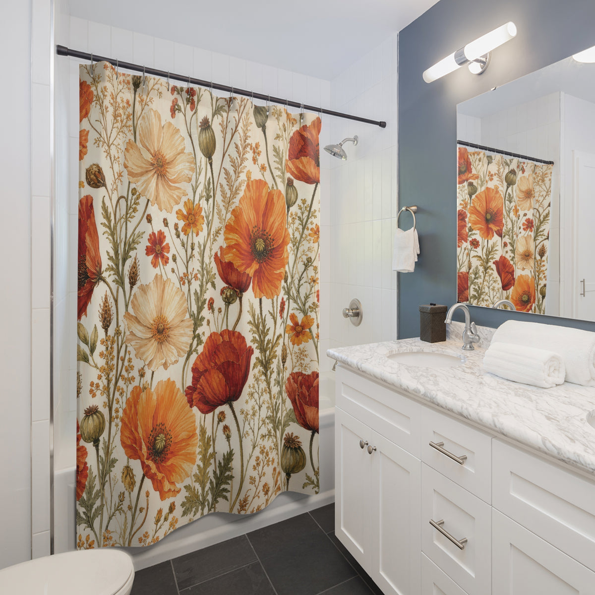 Orange Poppy Meadow Shower Curtain
