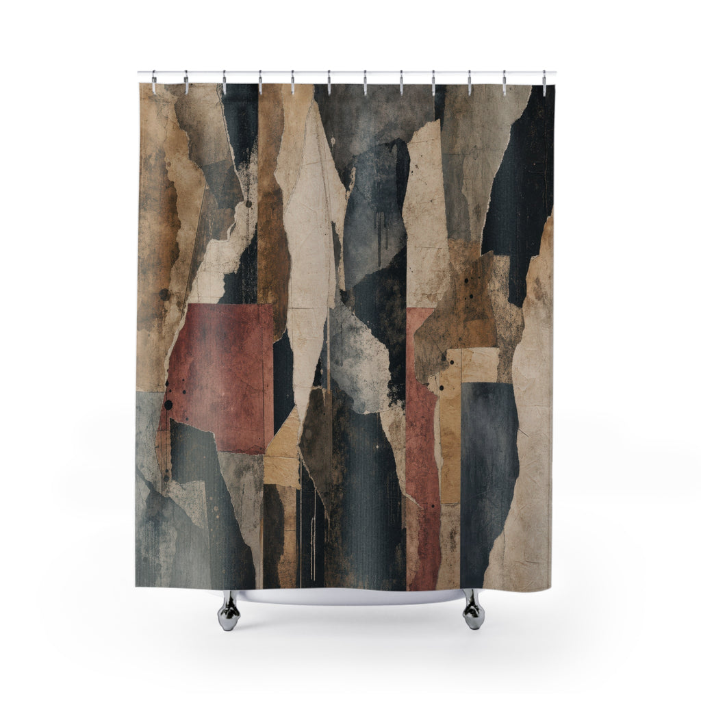 Abstract Shower Curtain, Grey Beige Architectural Blocks, Soft Pink Teal Modern Art Bath Decor, Neutral Geometric Guest Bathroom, Soft Bath