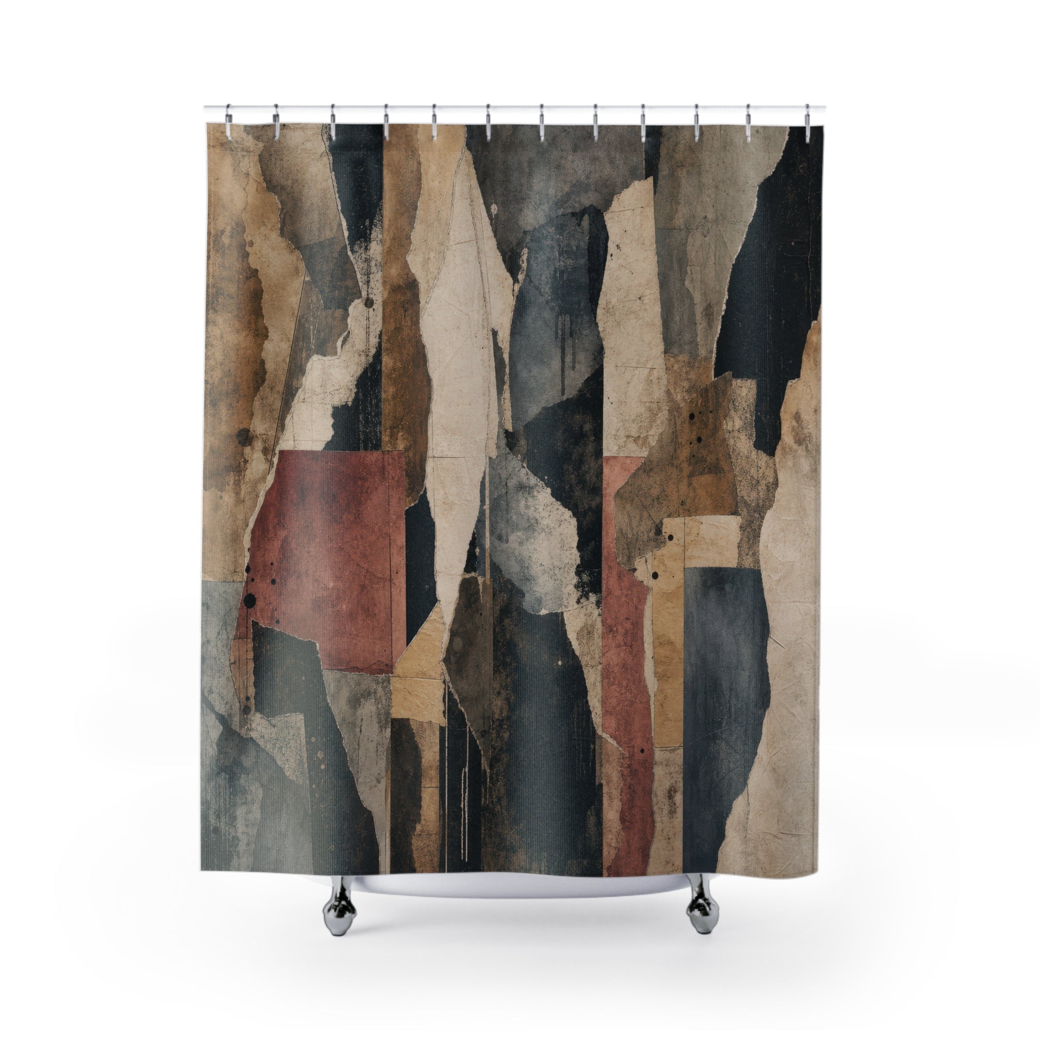 Abstract Shower Curtain, Grey Beige Architectural Blocks, Soft Pink Teal Modern Art Bath Decor, Neutral Geometric Guest Bathroom, Soft Bath