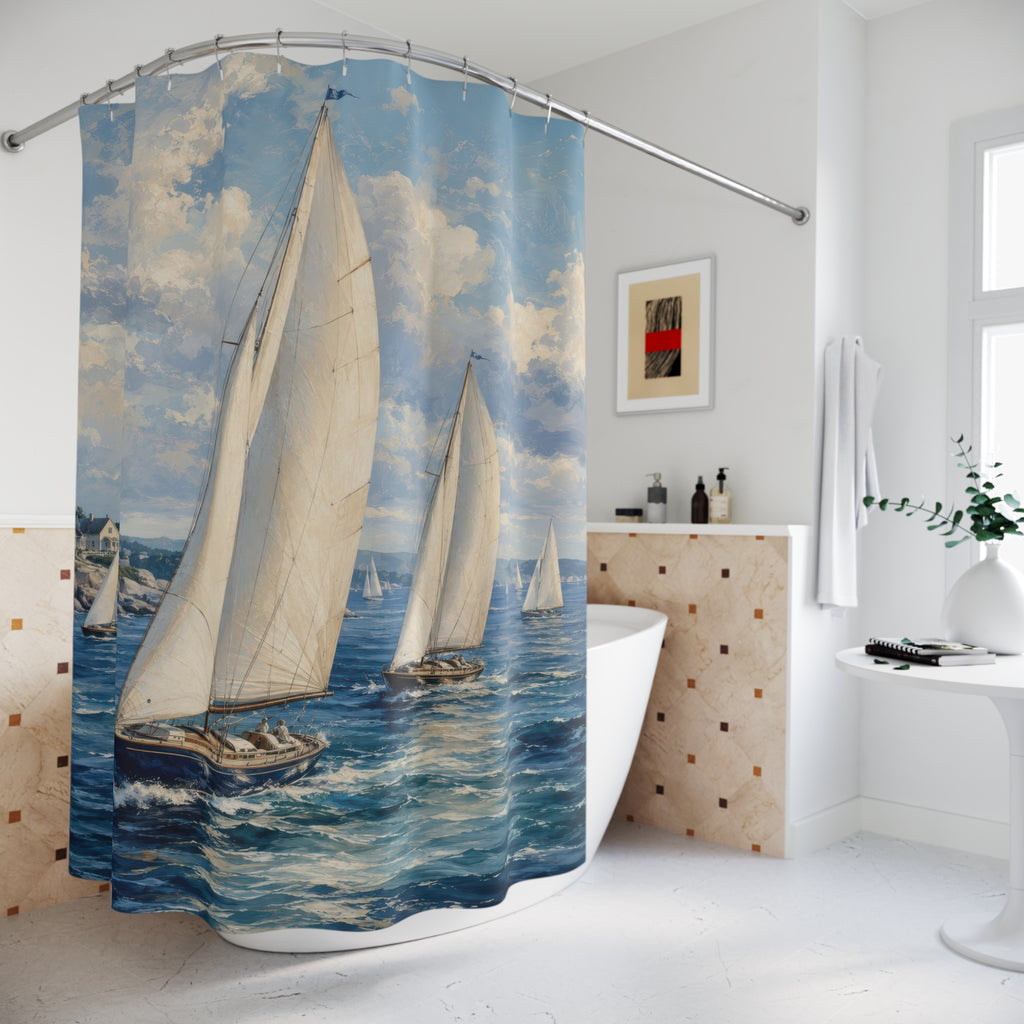 Sailboat Shower Curtain: Navy Coastal Seascape