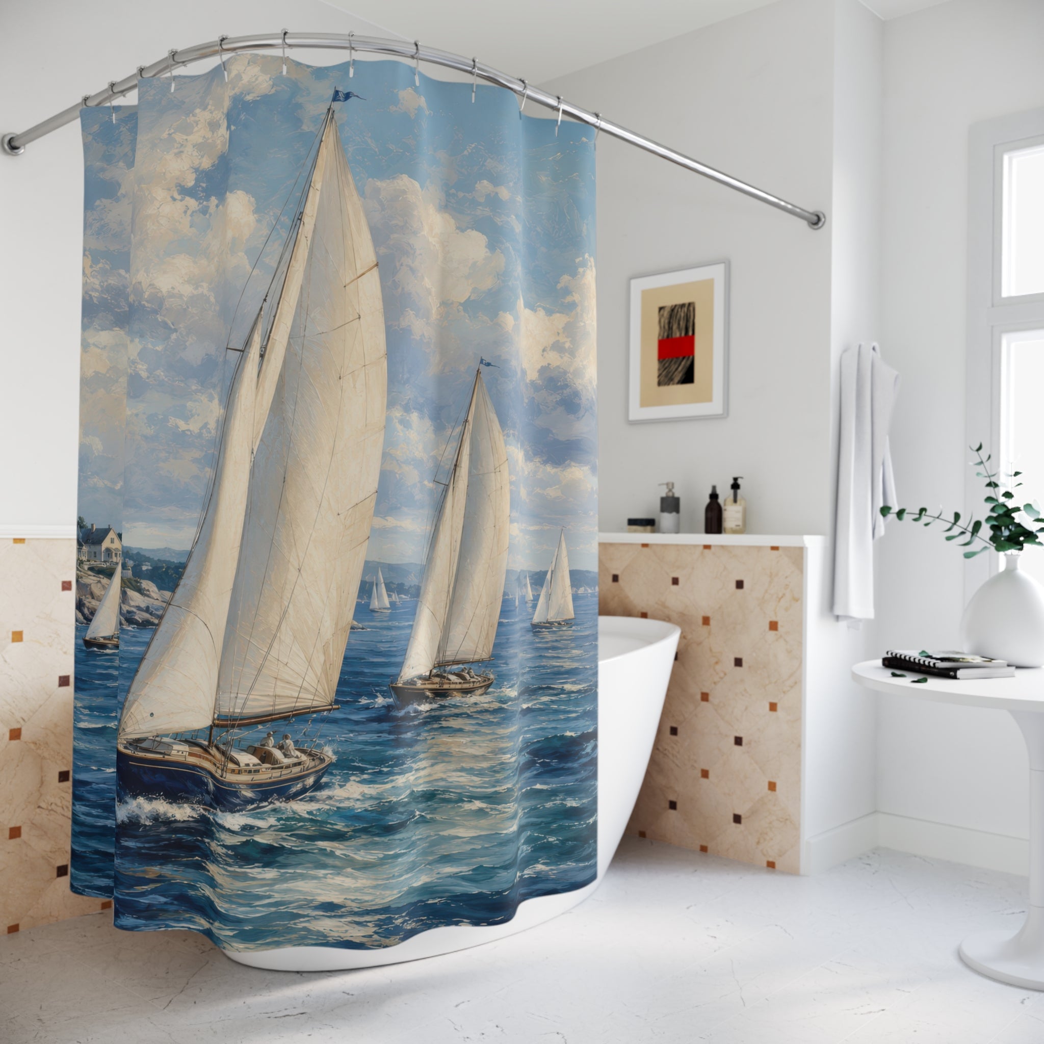 Sailboat Shower Curtain: Navy Coastal Seascape