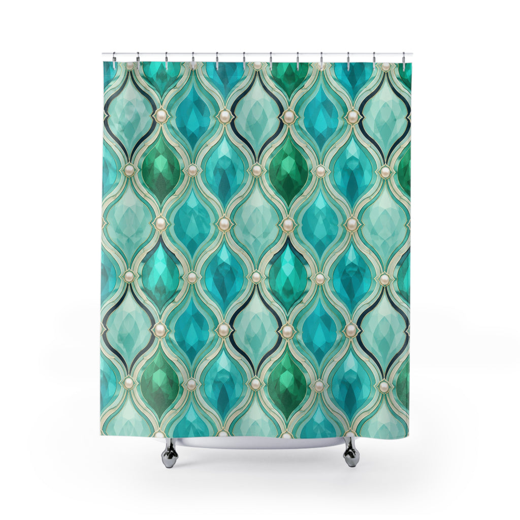 Turquoise faceted droplet and ivory pearl ogee lattice shower curtain with full front view