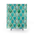 Turquoise faceted droplet and ivory pearl ogee lattice shower curtain with full front view