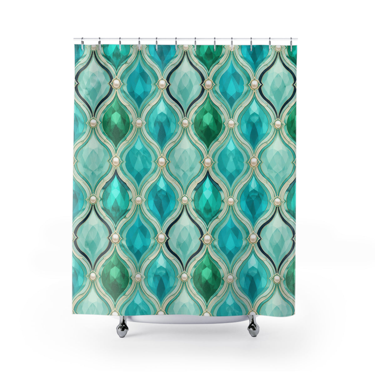 Turquoise faceted droplet and ivory pearl ogee lattice shower curtain with full front view