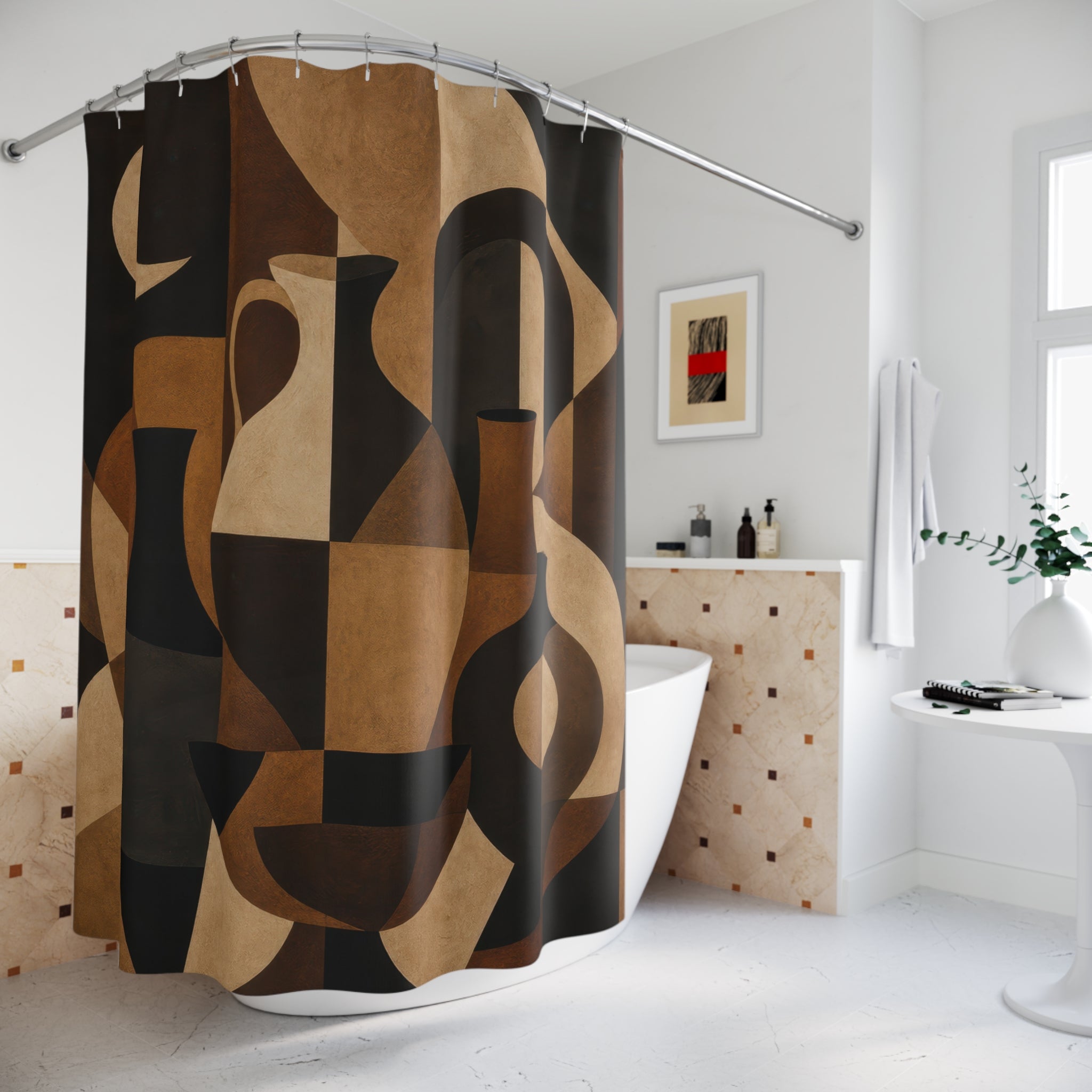 Bauhaus Shower Curtain, Black Brown Geometric Bath Decor, Mid Century Shape Collage, Retro Warm Neutral Guest Bathroom Decor Style