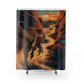 Retro Orange Teal Velociraptor shower curtain with full front view