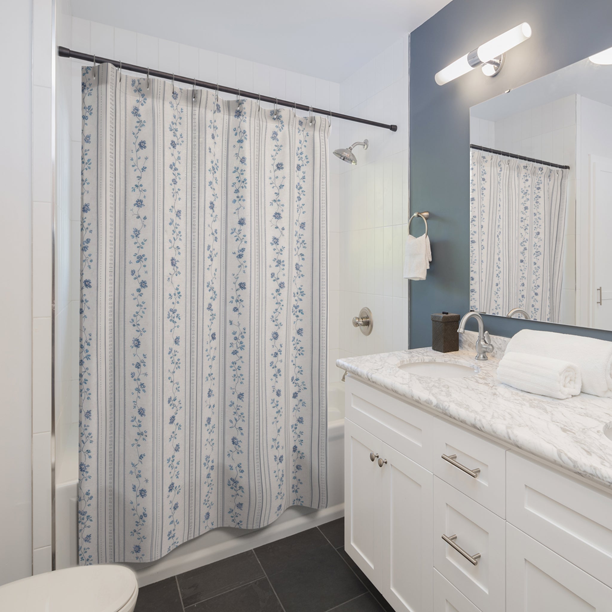 Blue and White French Country Floral Stripe Shower Curtain
