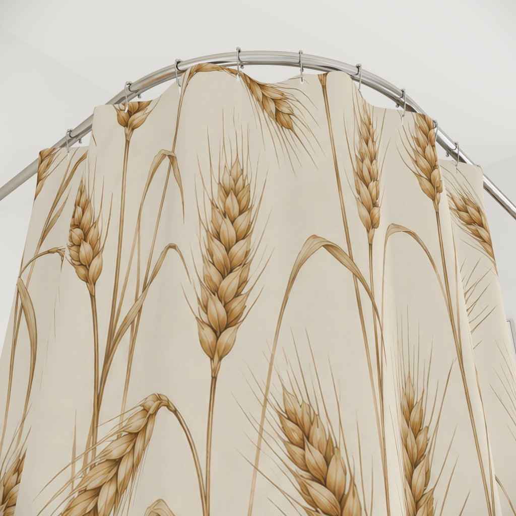 Golden brown wheat ears with arching leaves on ivory shower curtain with close-up print, hooks, and folds