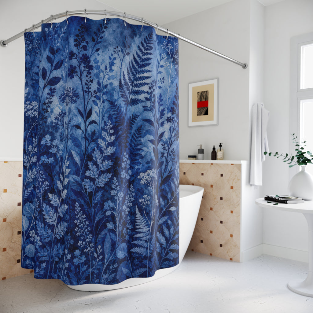 Navy Fern Botanical Shower Curtain, Navy Blue Nature Bathroom Decor, Navy Botanical Bath Curtain, Guest Bath Decor, Small Bathroom Decor