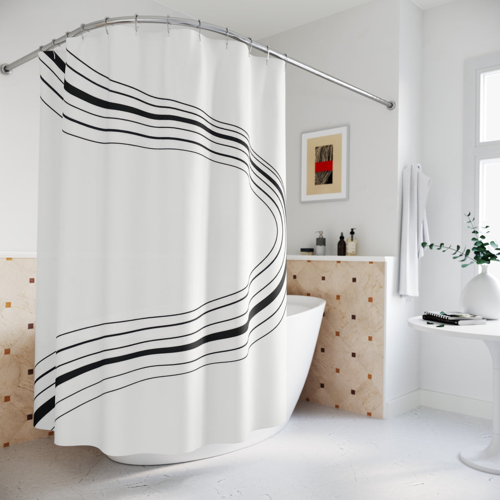 Parallel black stripes sweeping around an open white center shower curtain beside a freestanding tub