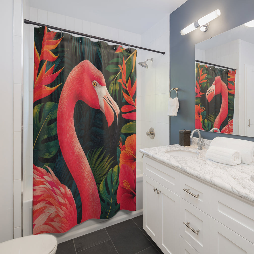 Hot-pink flamingo portrait framed by tropical foliage shower curtain beside a white vanity