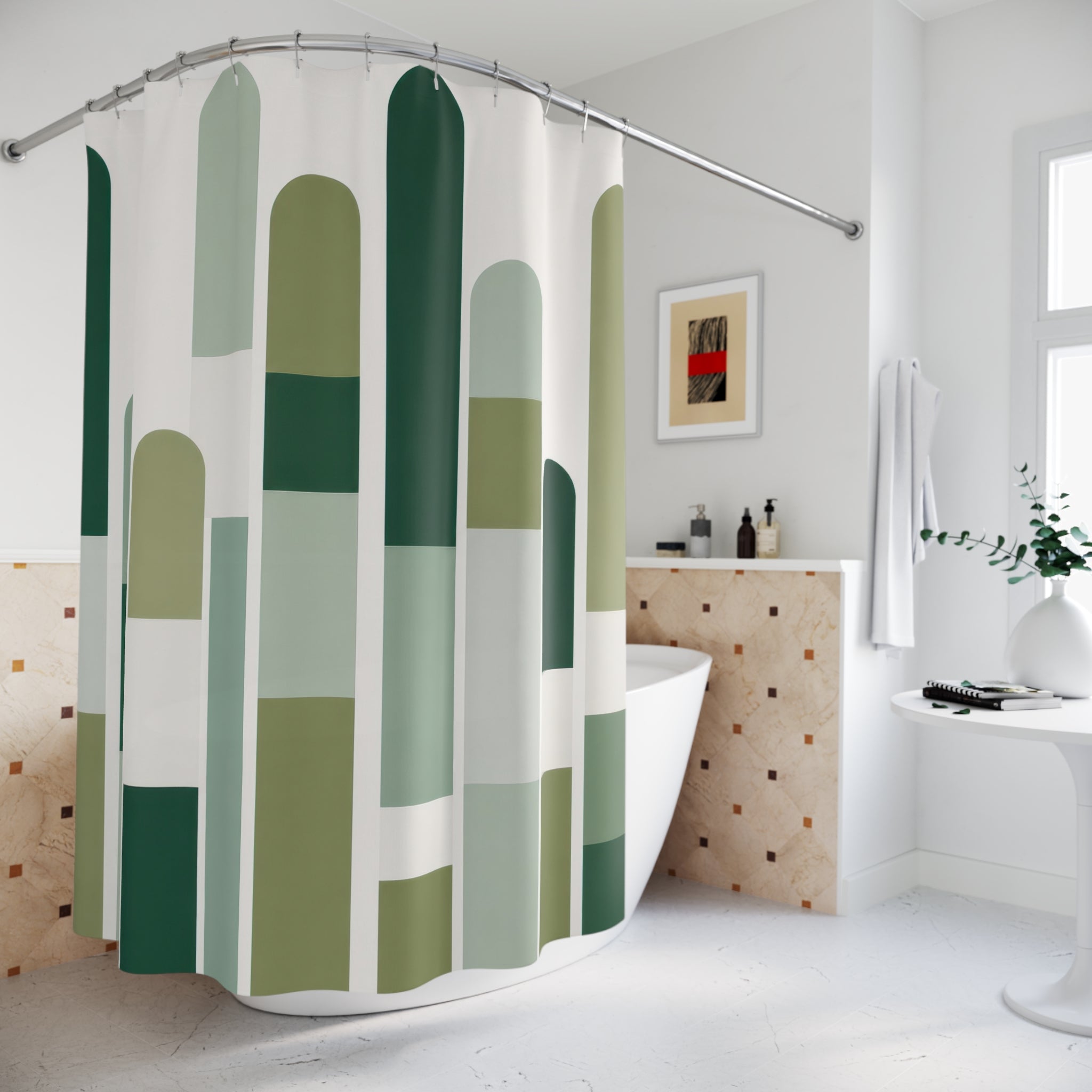 Modern Shower Curtain, Green Geometric Bath Decor, Rounded Bar Pattern, Sage Guest Bathroom Decor, Vertical Abstract Green Style Decor
