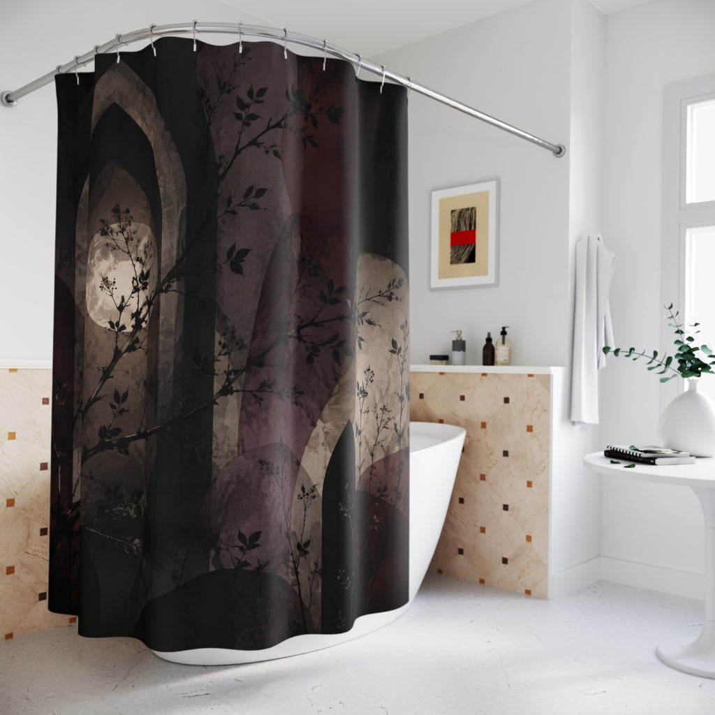 Blackthorn branches crossing oxblood and mauve pointed arches shower curtain beside a freestanding tub