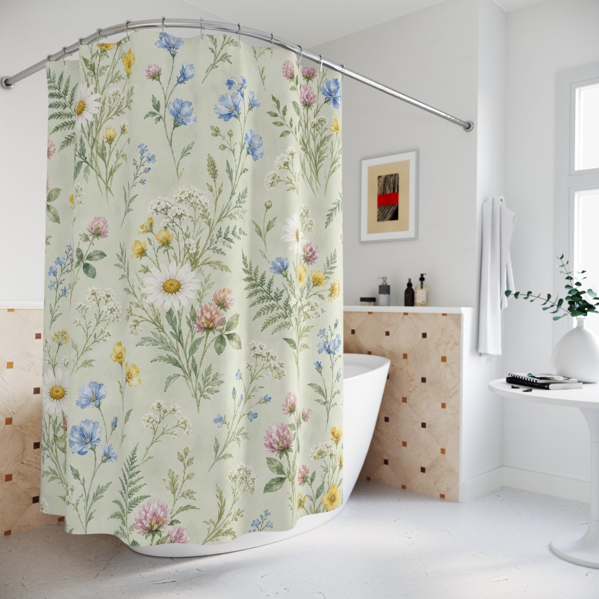 Daisy Blue Wildflower Watercolor Shower Curtain