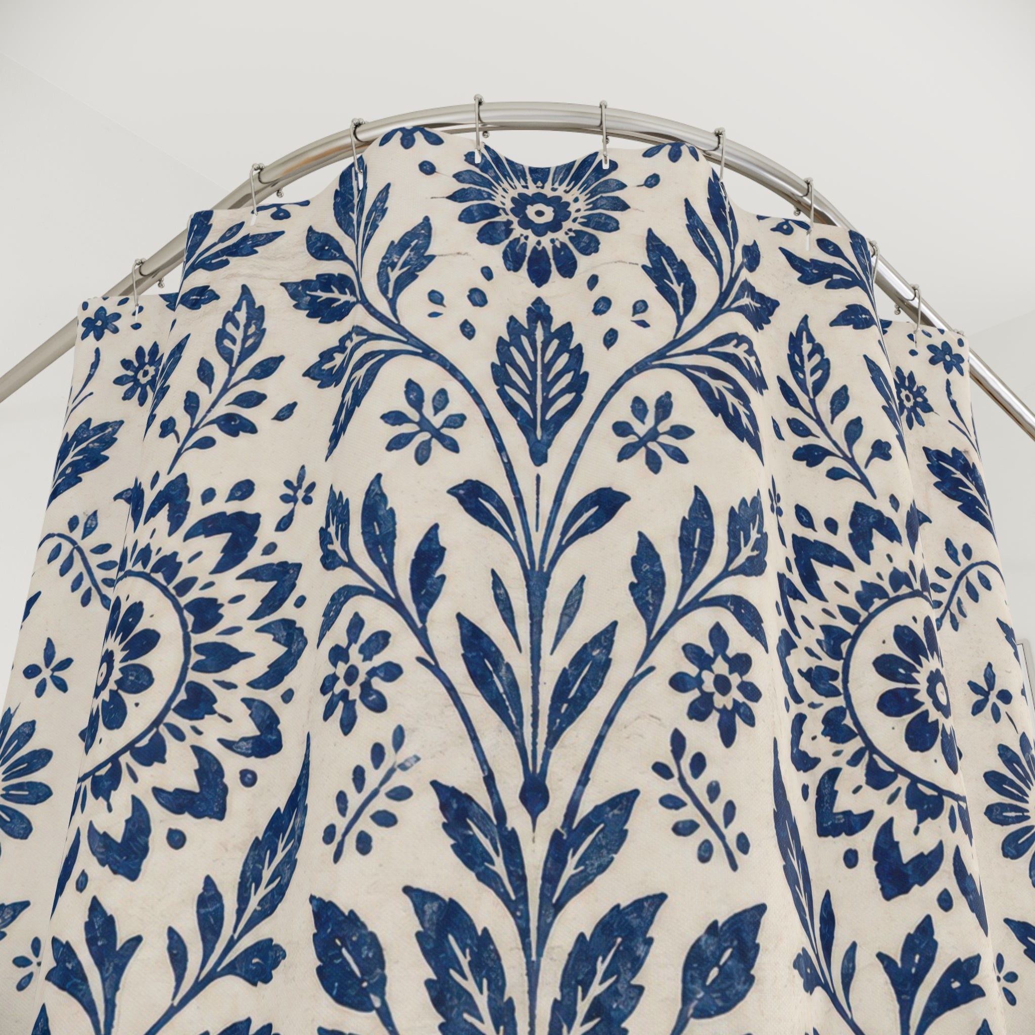 Blue Floral Shower Curtain, Navy Folk Botanical Medallion Pattern, Classic Cream Bathroom Decor, Classic Wall Decor Guest Bath Wall Gift