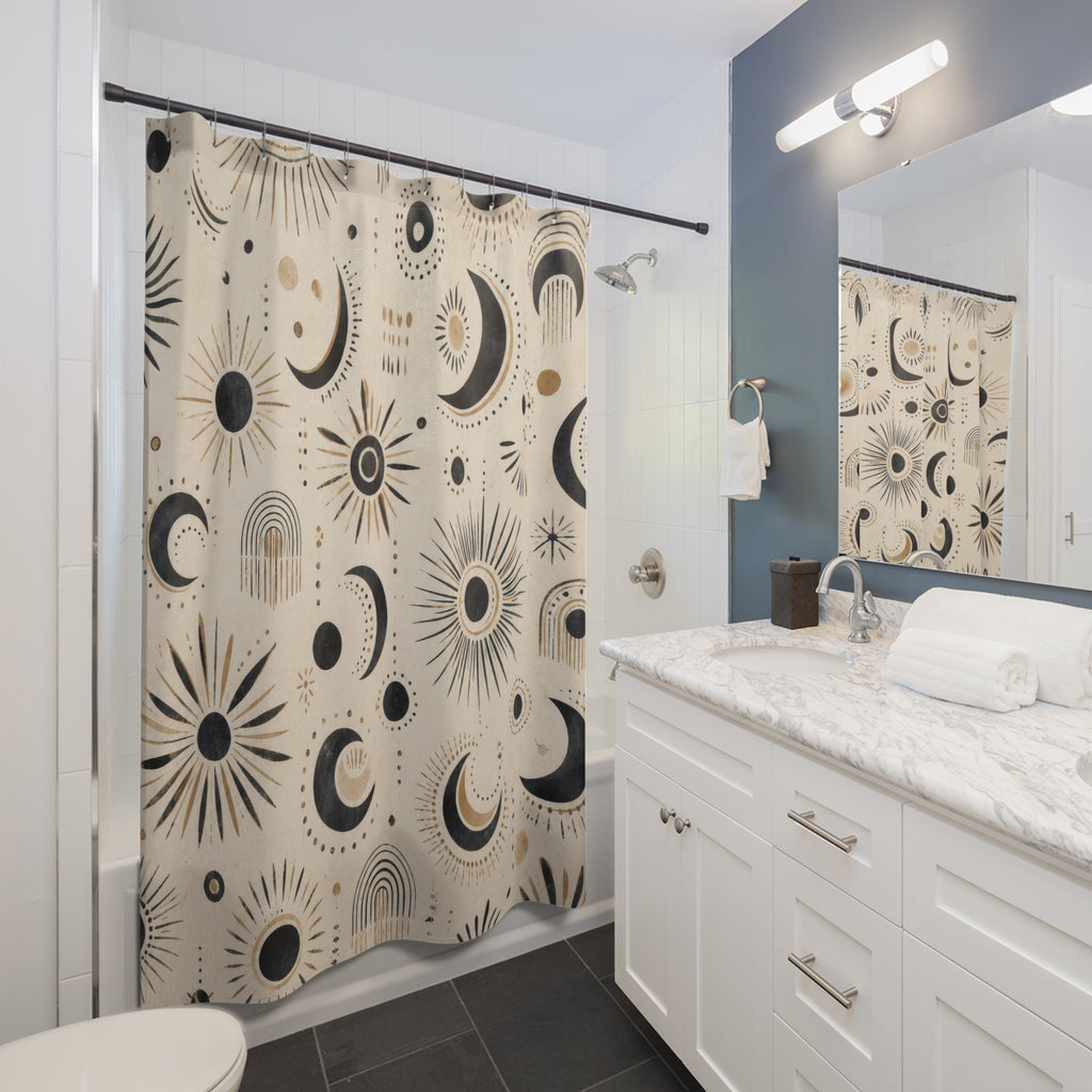 Black White Boho Celestial Moon Tile Line Shower Curtain