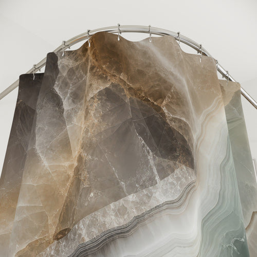 Agate decorative printed shower curtain with close-up print, hooks, and folds