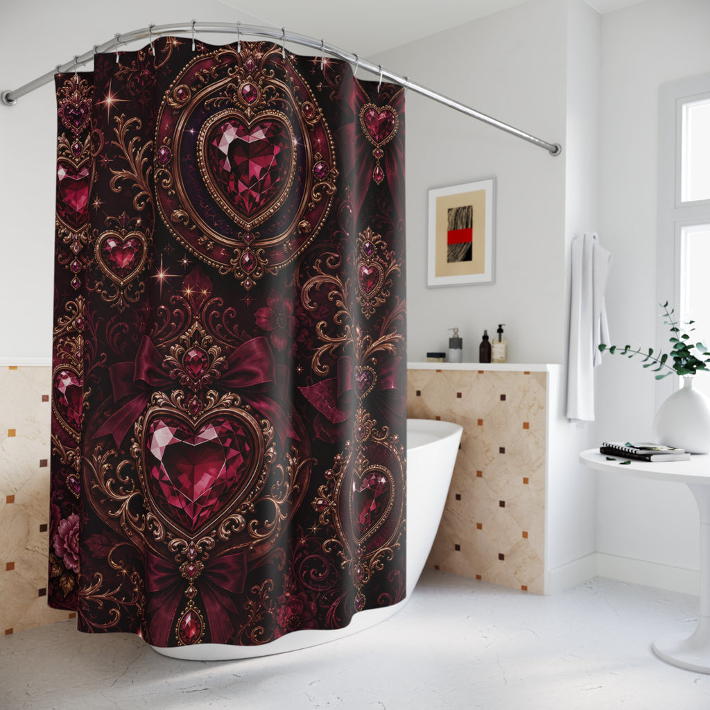 Burgundy gemstone hearts in an ornate gold medallion lattice shower curtain beside a freestanding tub