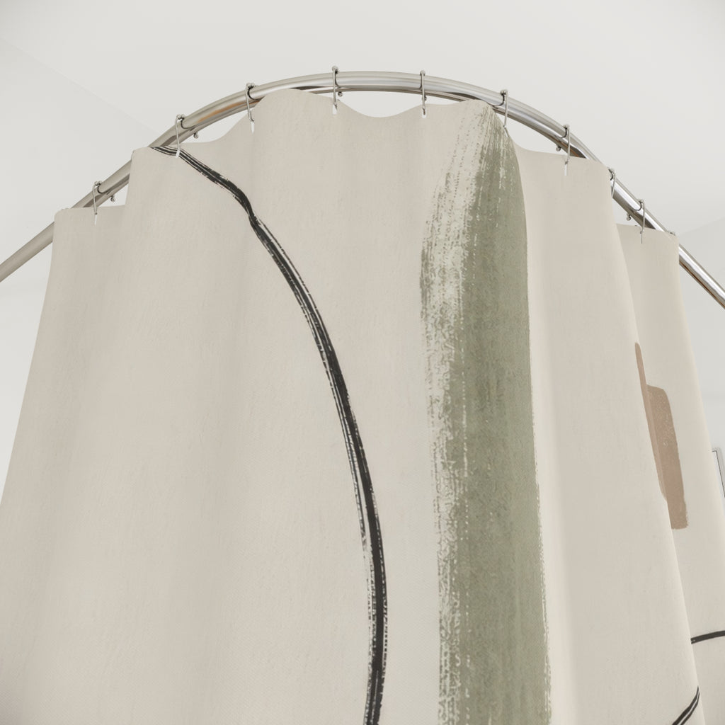 Beige Black Abstract Line Art Shower Curtain