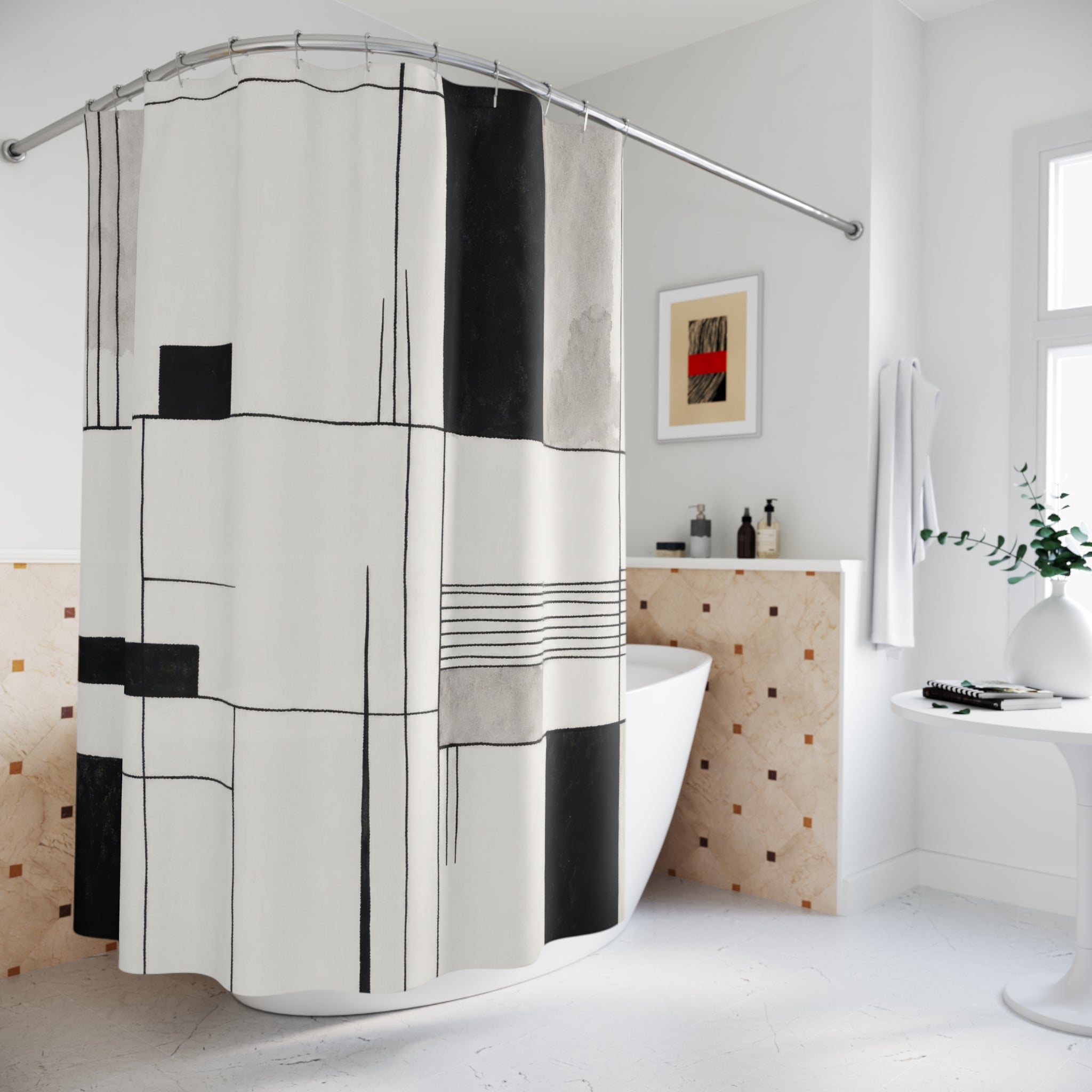 Black White Block Line Shower Curtain