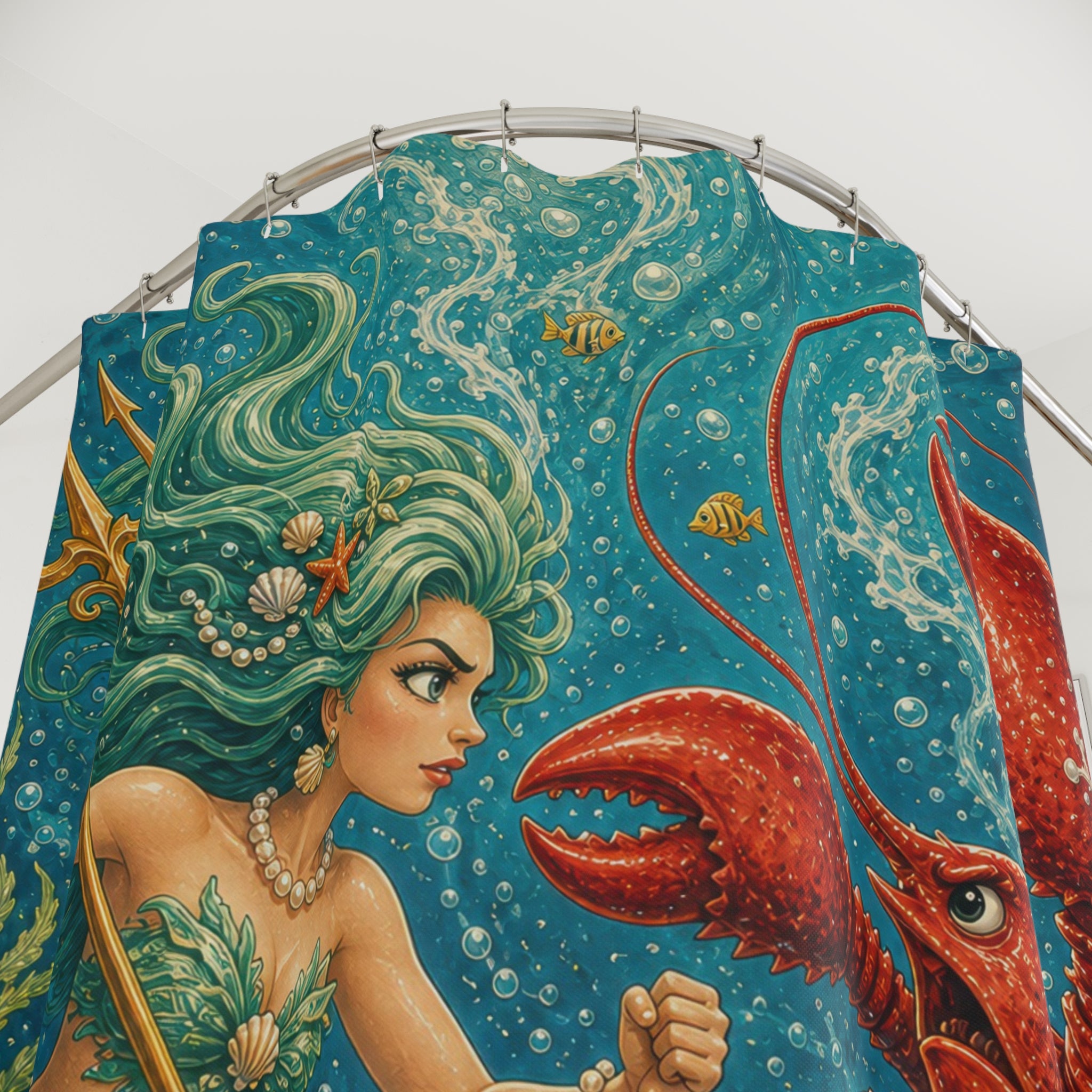 Unique Funny Mermaid Shower Curtain, Lobster Battle Underwater Fantasy Art, Teal Ocean Nautical Bathroom Decor, Coastal Guest Bath Gift