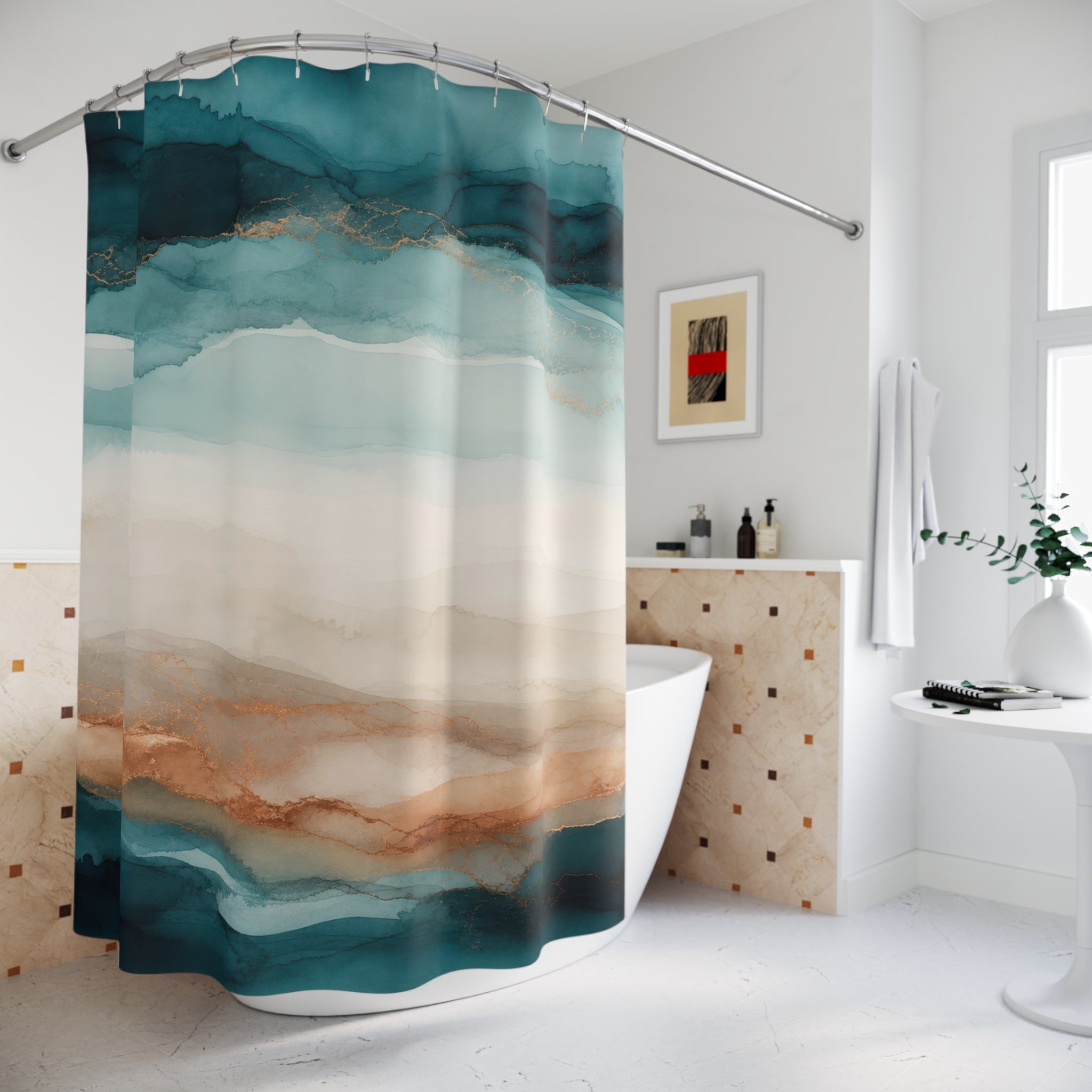 Teal & Copper Watercolor Tide Shower Curtain