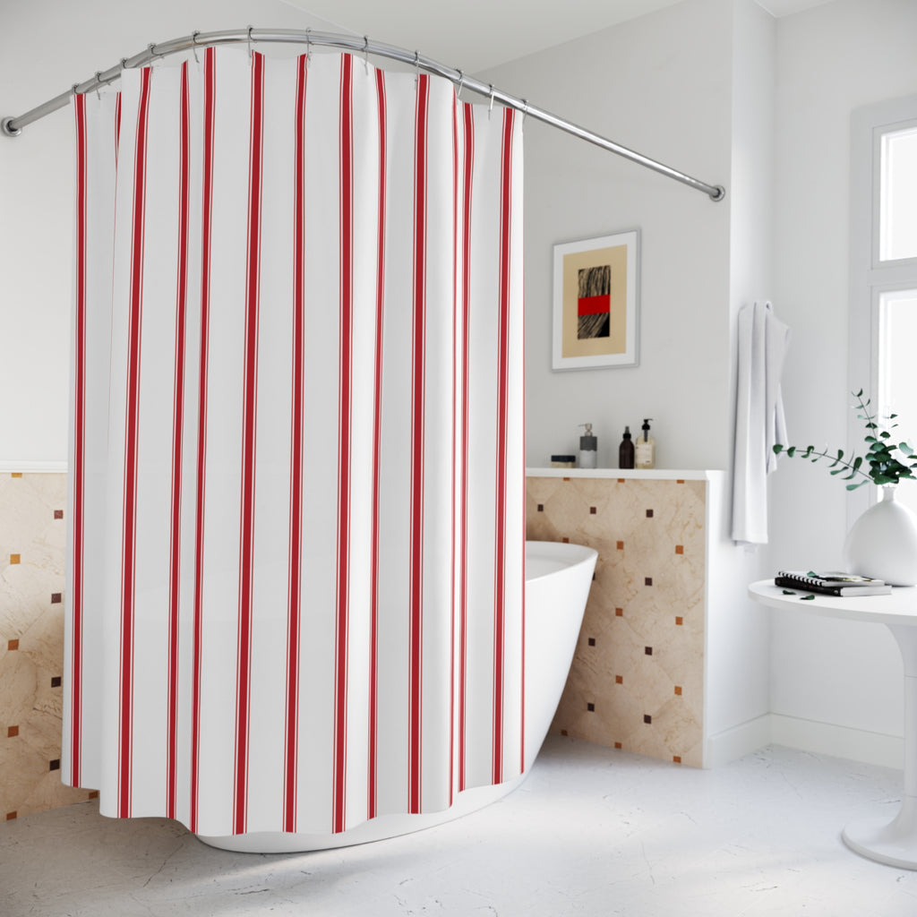 Red and White Ticking Stripe Shower Curtain