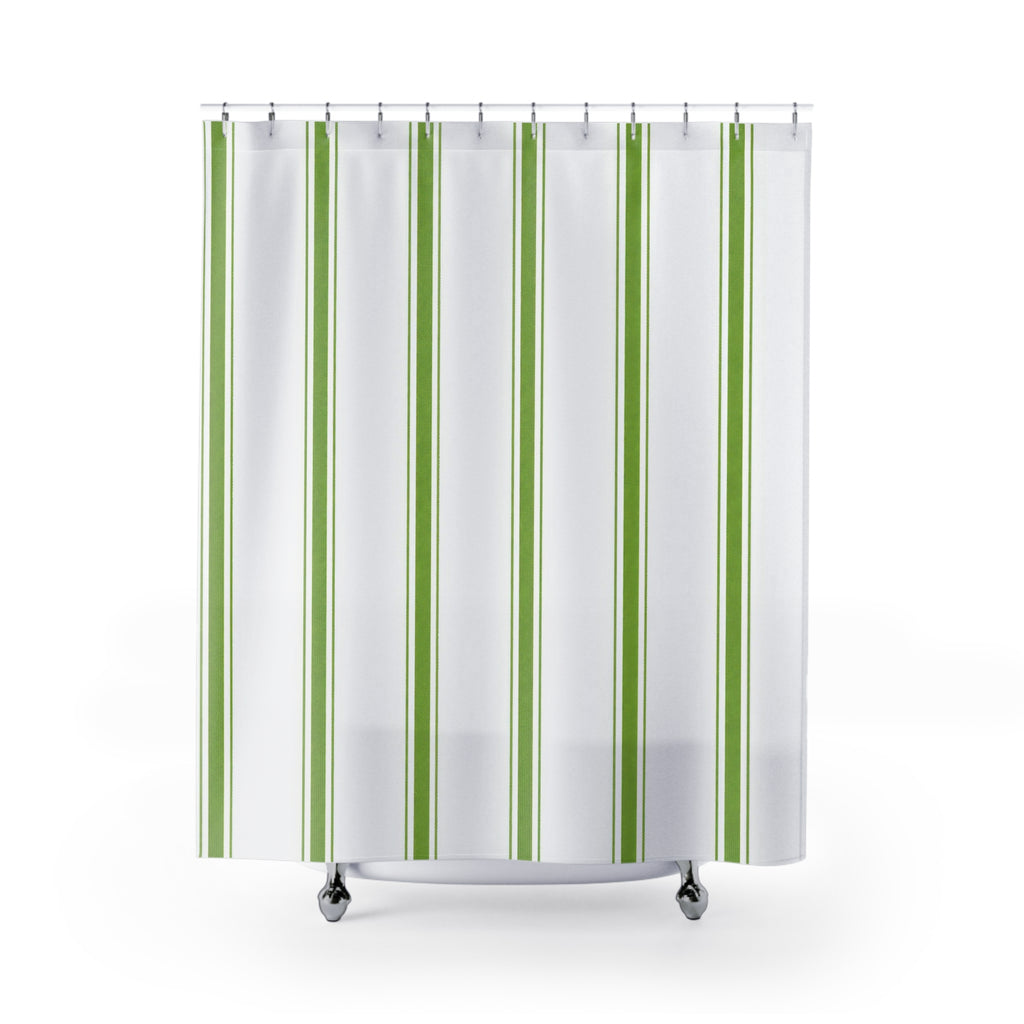 White Farmhouse Green Stripe Shower Curtain
